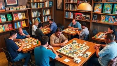 A cozy board game cafe filled with players gathered around tables, immersed in various tabletop games, rolling dice, playing cards, and strategizing their moves, with shelves showcasing a colorful array of board games and a welcoming ambiance that fosters community and camaraderie among gamers.