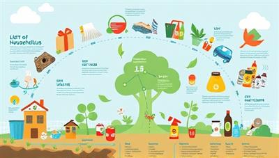 An engaging infographic illustrating the lifecycle of household waste from disposal to recycling, with vibrant visuals showcasing the impact of sustainable waste management practices on the environment.