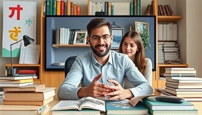 A split-screen image showing a virtual language learning session in progress, with a tutor engaging with a student via video call, surrounded by language textbooks and cultural elements, creating an immersive learning environment.