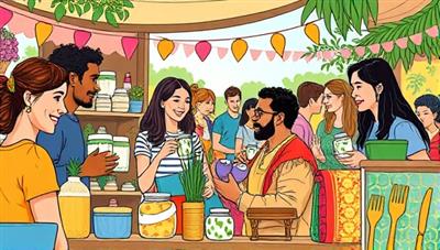 An engaging and colorful illustration showing a diverse group of people exchanging various eco-friendly home goods like reusable containers, bamboo utensils, and handmade textiles in a vibrant marketplace setting, highlighting the concept of sustainability and community sharing.