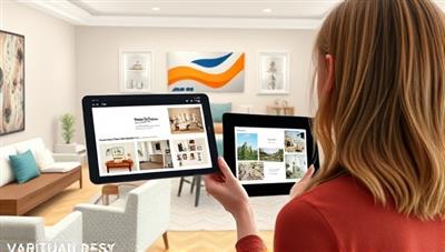 An artistic rendering of a virtual room design consultation, featuring a designer displaying digital mood boards and furniture selections on a tablet, with a virtual room layout in the background, showcasing creativity and digital design tools.