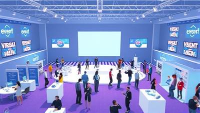 A virtual event space with a stage, booths, and interactive elements, showcasing a variety of virtual event services and entertainment options, with avatars representing event planners and vendors networking and collaborating in a dynamic and vibrant virtual environment.