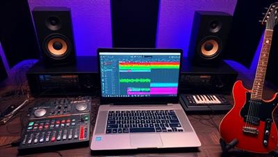 A virtual music studio setup with a laptop displaying music production software, MIDI controllers, studio monitors, and musical instruments, creating an immersive and creative environment for learning and creating music.
