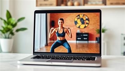An interactive virtual workout session displayed on a laptop screen, with a fitness coach guiding a client through exercises in a vibrant and energetic setting, showcasing the convenience and effectiveness of virtual fitness coaching.
