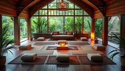 A tranquil retreat setting featuring a meditation space with floor cushions, soft lighting, and serene decor, surrounded by lush greenery and natural elements, creating a peaceful and rejuvenating atmosphere for mindfulness practice and relaxation.