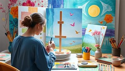 An emotive visual of a person engaging in a virtual art therapy session, surrounded by colorful art supplies, serene artwork, and a supportive art therapist guiding the creative process, reflecting the therapeutic and healing nature of the virtual art therapy sessions offered by ArtHeal Virtual.