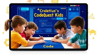 A group of children engaged in a virtual coding challenge on a digital interface, showcasing teamwork, problem-solving, and creativity in the playful and educational environment of CodeQuest Kids' virtual coding bootcamp.