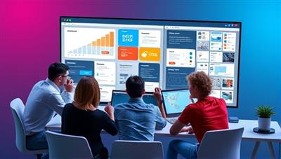 A dynamic visual of multiple users working together on a website design project, each contributing design elements and feedback in real-time on a digital interface, illustrating the collaborative and interactive nature of CollabWeb Studio for seamless teamwork in web design.