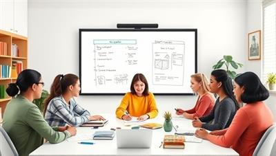 An online study room environment with virtual study groups represented by diverse avatars engaging in discussions, sharing notes, and collaborating on a digital whiteboard, fostering a sense of community and academic support.