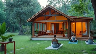 A serene and tranquil retreat center surrounded by nature, featuring cozy meditation rooms, outdoor yoga spaces, and individuals engaged in mindfulness practices and relaxation activities, evoking a sense of calm and rejuvenation away from digital distractions.