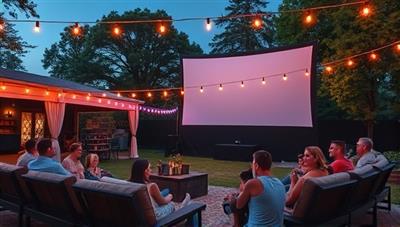 An outdoor movie setup with a large projector screen, cozy seating arrangements, string lights, and a vibrant movie night atmosphere with families and friends enjoying a film under the stars, evoking a sense of community and entertainment.