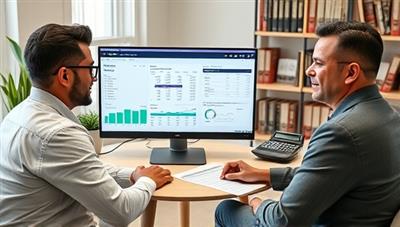 A financial coach conducting a virtual coaching session with a client, reviewing financial statements and investment portfolios on a computer screen, with financial planning books and calculators in the background, conveying expertise and guidance in wealth management.