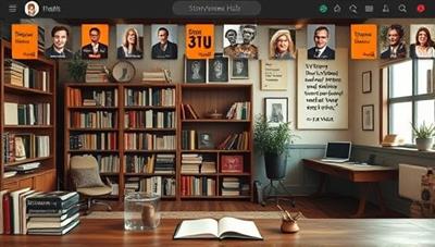 An online writing community interface showcasing writers sharing stories, providing feedback, and engaging in collaborative writing projects within a virtual space filled with bookshelves, writing desks, and inspirational quotes, capturing the creative and supportive essence of StoryVerse Hub.