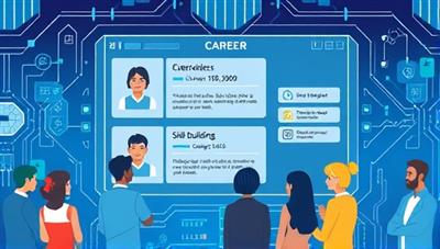 An illustration of a futuristic AI interface displaying career recommendations and skill-building opportunities to a diverse group of professionals, symbolizing personalized career guidance and technological advancement.