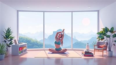 A serene digital illustration of a virtual study break space with calming colors, virtual nature views, and various activities like yoga poses, puzzle games, and relaxation exercises, creating a tranquil and rejuvenating atmosphere for users.