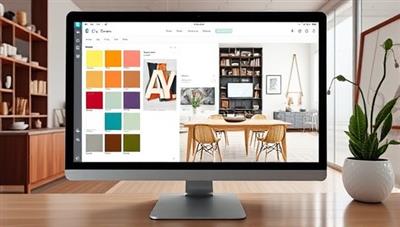 A virtual design board displayed on a computer screen, featuring color swatches, furniture pieces, and decor items, with a stylish room visualization in the background, evoking creativity and inspiration.
