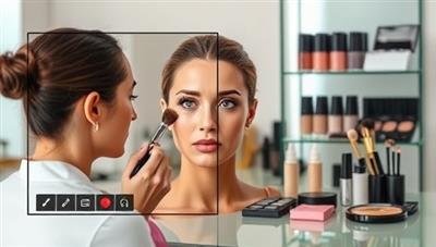 A split-screen image showing a makeup artist applying virtual makeup on a client's face through a video call, with a variety of makeup products and tools displayed in the background, illustrating a modern and interactive beauty experience.