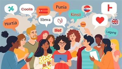An illustrative graphic showing diverse people engaging in a virtual language exchange, with speech bubbles in different languages and cultural symbols, symbolizing the global connectivity and linguistic diversity fostered by the community.