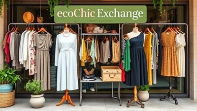 A fashion marketplace scene featuring a diverse array of sustainable clothing items and accessories, displayed on a virtual storefront with eco-friendly branding and messaging, reflecting the ethos of conscious consumption and eco-chic style promoted by EcoChic Exchange.