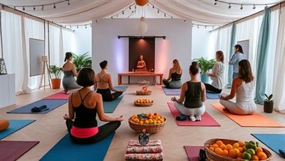 A serene pop-up event space decorated with calming colors, yoga mats, meditation cushions, and fresh fruits, with participants engaging in yoga poses, meditation, and wellness activities, evoking a sense of peace and mindfulness.