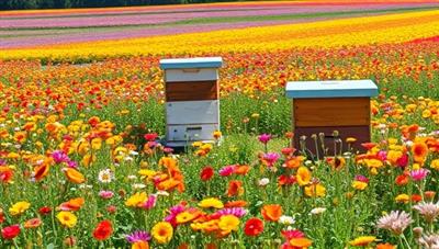 A colorful image of a blooming field with beehives strategically placed among the flowers, showcasing the harmonious interaction between bees and plants in pollination, with a focus on sustainability and biodiversity.
