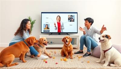 A playful virtual pet training session with a trainer demonstrating commands to a group of pet owners and their furry companions through a video call, pets responding with enthusiasm and joy, training treats and toys scattered around, creating a fun and engaging learning environment for pets and owners.