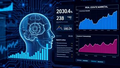An advanced AI system analyzing real estate market data and generating predictive insights on property valuations and investment opportunities, with graphs and charts illustrating market trends and recommendations, symbolizing the cutting-edge technology and strategic advantage of MarketInsight AI's platform.
