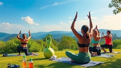 A scenic outdoor landscape featuring a group of fitness enthusiasts engaged in a yoga session amidst lush greenery, with sustainable fitness equipment, reusable water bottles, and eco-friendly workout gear, promoting the eco-conscious and adventurous spirit of GreenFitExpeditions.