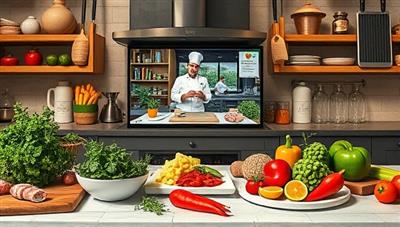 A culinary masterpiece of digital cooking utensils, fresh ingredients, and vibrant spices arranged on a virtual kitchen counter, with a chef guiding a virtual cooking class on a screen, surrounded by culinary delights, recipe cards, and interactive cooking tools, creating a mouthwatering and immersive culinary experience through ChefConnect.