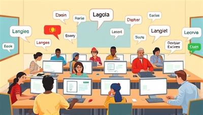 An illustration of a virtual classroom setting with diverse avatars engaging in language exercises on computers, with speech bubbles in various languages floating around, creating a dynamic and inclusive learning atmosphere.
