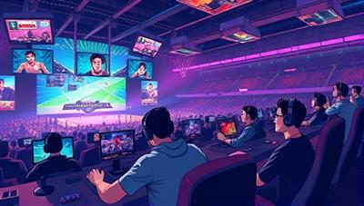 An illustrative scene of gamers competing in a virtual arena with cheering crowds, digital screens displaying e-sports matches, and a network of interconnected bettors exchanging bets on eBetXchange, capturing the dynamic and competitive nature of e-sports betting.