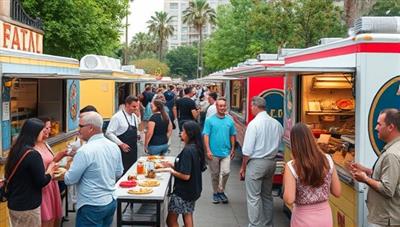 A bustling outdoor scene with colorful food trucks lined up, chefs preparing gourmet dishes, customers sampling different cuisines, and a joyful atmosphere capturing the excitement of the artisan food truck collective.
