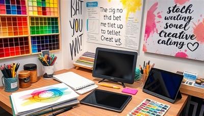 An artistic workspace with colorful palettes, sketchbooks, digital tablets, and inspirational quotes, creating a vibrant and creative atmosphere for skill development and collaboration.