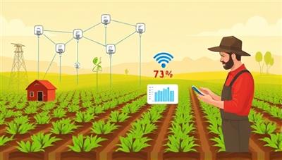 An infographic displaying a network of interconnected sensors on a farm, collecting data on soil moisture, temperature, and crop growth, with a farmer monitoring the analytics on a tablet, highlighting the efficiency and precision of smart farming technology.