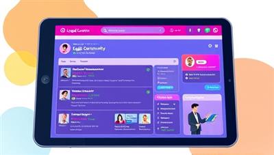 A vibrant illustration of a legal community platform interface on a tablet screen, showcasing user discussions, resource libraries, and upcoming events, creating a dynamic and interactive space for legal professionals and enthusiasts to connect and collaborate.