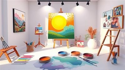 A serene virtual art therapy studio setting with soothing colors, inspirational artwork, calming music, and art supplies displayed on a digital canvas, inviting users to immerse themselves in a therapeutic creative experience and explore emotional healing through art.