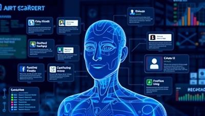 An AI algorithm visualized as a friendly digital assistant guiding a user through various career pathways, with virtual job listings and skill-building resources in the background, illustrating personalized career support.