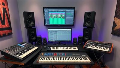 A sleek and modern home studio setup with professional music production equipment, MIDI controllers, synthesizers, and studio monitors, accompanied by a computer screen displaying a music production software interface, creating a vibrant and immersive environment for music enthusiasts to learn and create.