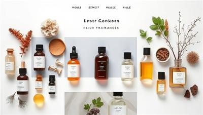 An artistic display of various essential oils, botanical extracts, and perfume bottles arranged on a sleek digital interface, highlighting the customization and creativity aspect of designing unique fragrances online.