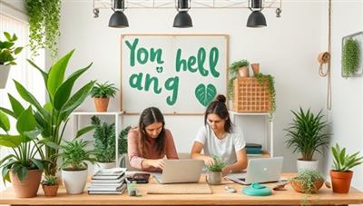 An eco-conscious virtual workshop setup with participants engaging in DIY sustainability projects, surrounded by plants, recycled materials, and energy-efficient gadgets, showcasing a green and eco-friendly learning environment promoting sustainable living practices.
