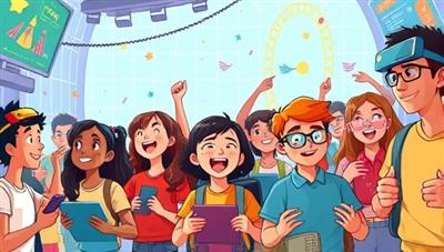 An animated illustration of diverse students immersed in a virtual world full of educational challenges and rewards, showcasing excitement and engagement in learning.
