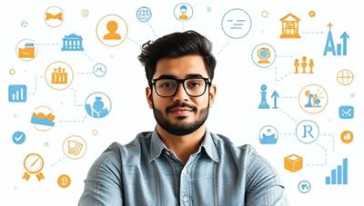 An individual receiving personalized career advice and guidance from a virtual career coach on the CareerCrafter platform, surrounded by icons representing various career paths and development opportunities, illustrating the platform's tailored approach to professional growth.