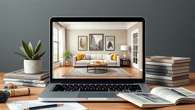 A laptop displaying an elegant virtual living room design with a cozy sofa, stylish decor elements, and a color palette scheme, surrounded by design magazines and a sketchbook, symbolizing creativity and inspiration.