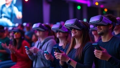 An audience wearing VR headsets and holding interactive devices, reacting excitedly to a movie scene unfolding in front of them, with colorful lights and props enhancing the immersive experience.