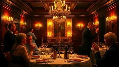 A captivating dining setting with dim lighting, elegant table setups, and actors in character costumes interacting with guests, creating an immersive and engaging murder mystery dinner atmosphere.
