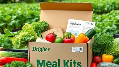 An enticing meal kit delivery box filled with colorful organic produce, labeled eco-friendly packaging, and recipe cards, set against a backdrop of lush greenery and sustainable farming practices, conveying freshness and sustainability.