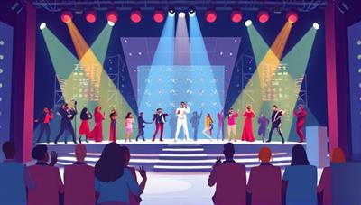 An artistic digital illustration showcasing a diverse range of performers on a virtual stage, with cheering virtual audiences and judges providing feedback, capturing the essence of talent showcase and global connectivity.
