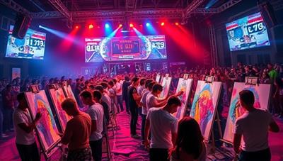 An electrifying scene capturing the intensity of an art battle event, with multiple artists passionately painting on canvases under colorful lights and a countdown timer, surrounded by a cheering crowd and digital screens displaying live voting results, creating a vibrant and competitive atmosphere.