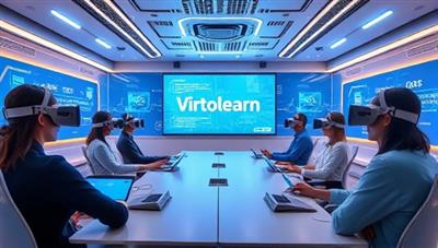 An immersive virtual reality classroom setting with participants wearing VR headsets and engaging in hands-on learning activities, surrounded by futuristic digital elements, illustrating the innovative training approach of VirtuoLearn.