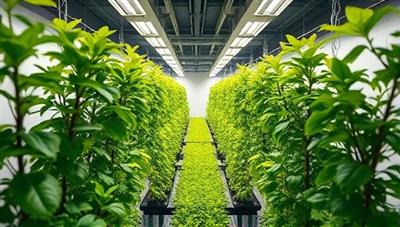 An artistic rendering of a modern, vertical indoor farm filled with lush green plants under artificial grow lights, symbolizing sustainability and innovation in urban agriculture.